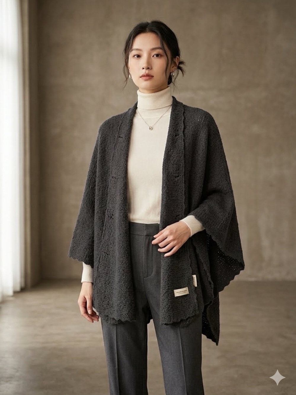 Open-Front Charcoal Knit Shawl Cardigan - Women Cristina Chiti Wool Made in Ita
